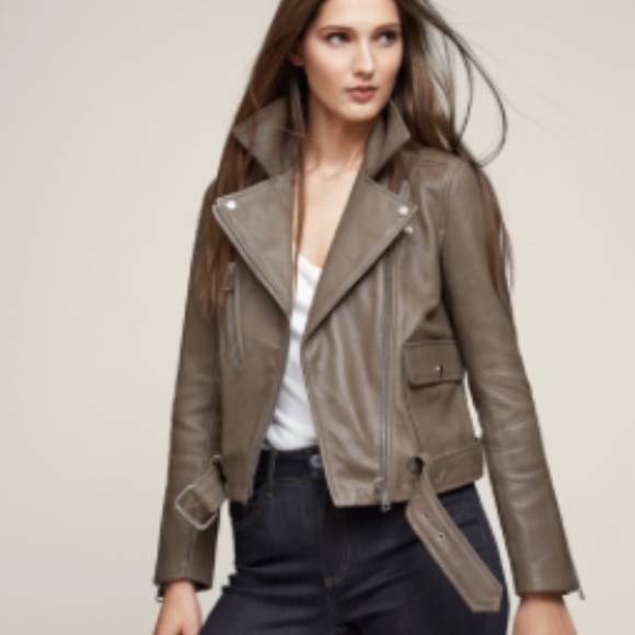 Reiss Jackets & Blazers - Reiss Kate Leather Biker Moto Jacket Khaki